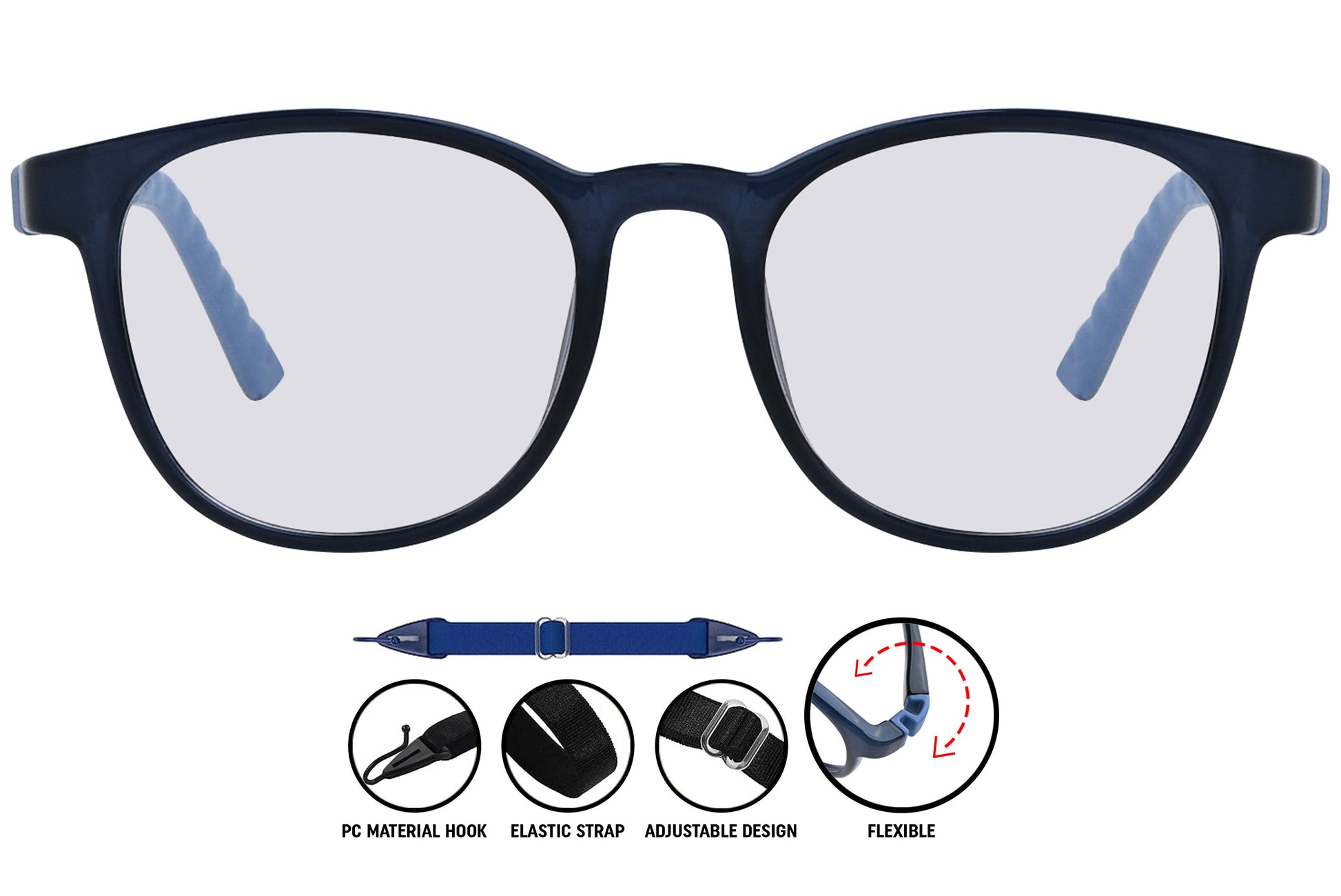 dark blue round eyeglasses showing the frame's front details.