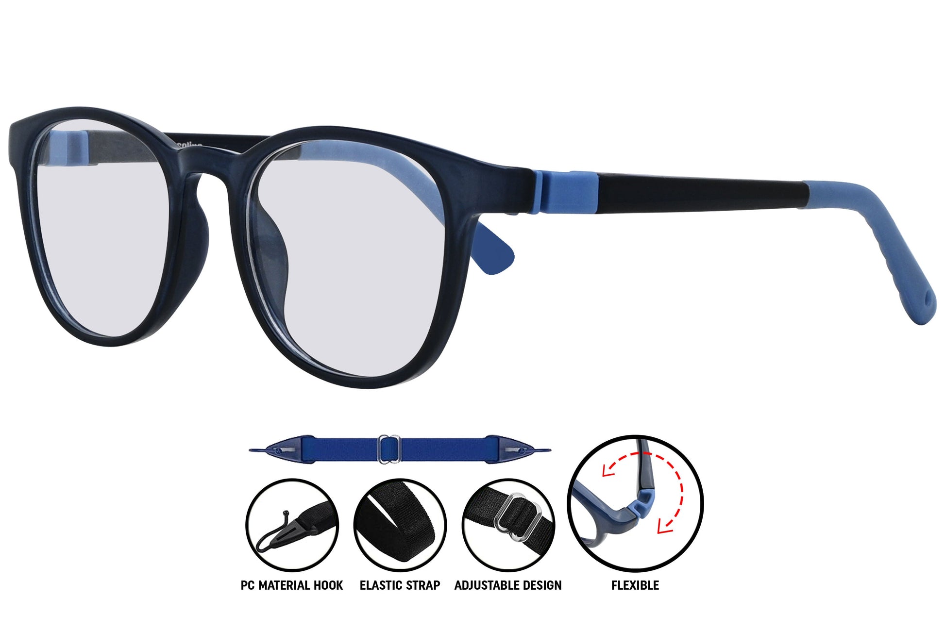  dark blue round eyeglasses highlighting the arms and smooth finish.