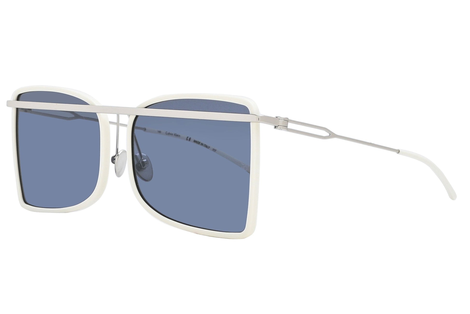 Sunglasses with white frame and blue lenses on a white background