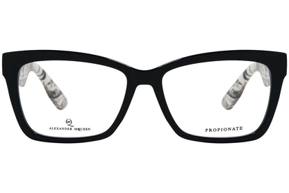 alexander-mcqueen rectangle black eyeglasses frame viewed from front angle.