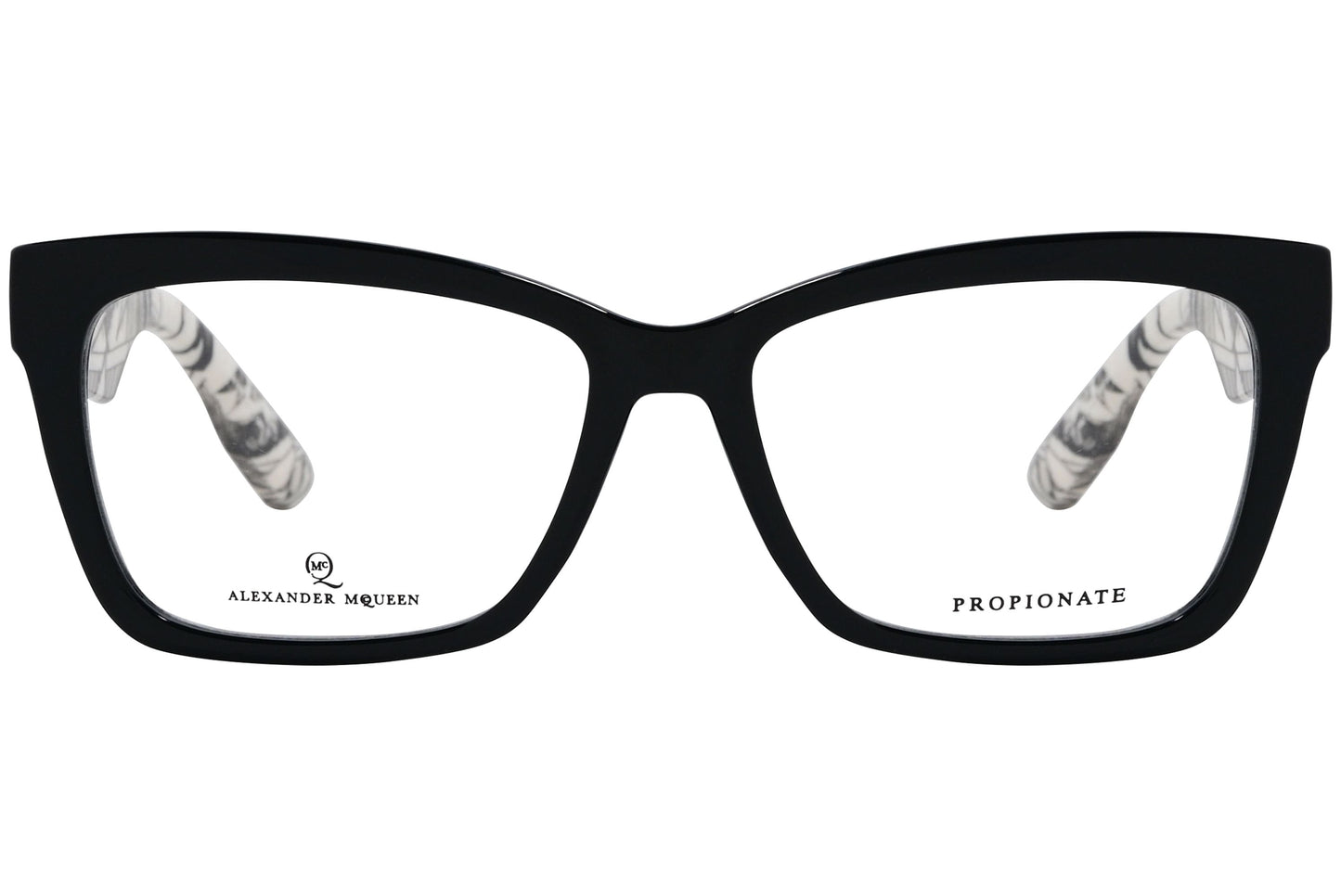 alexander-mcqueen rectangle black eyeglasses frame viewed from front angle.