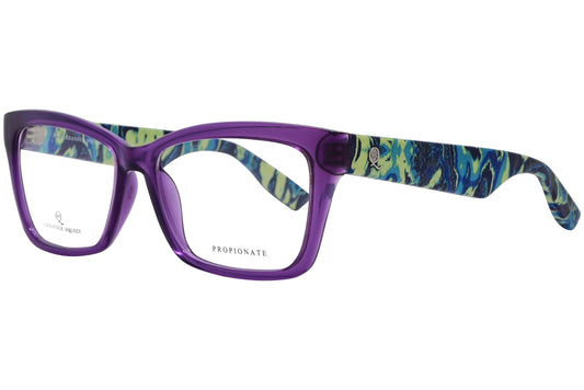 alexander-mcqueen rectangle purple eyeglasses frame viewed from a 45-degree angle.