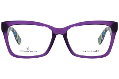 alexander-mcqueen rectangle purple eyeglasses frame viewed from front angle.