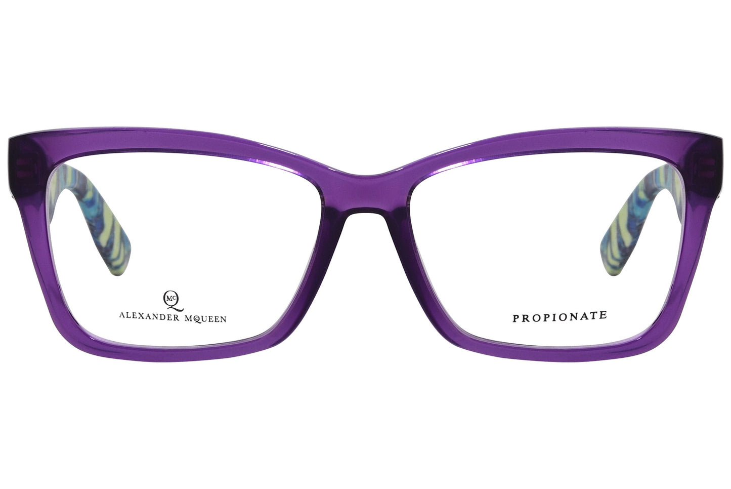 alexander-mcqueen rectangle purple eyeglasses frame viewed from front angle.