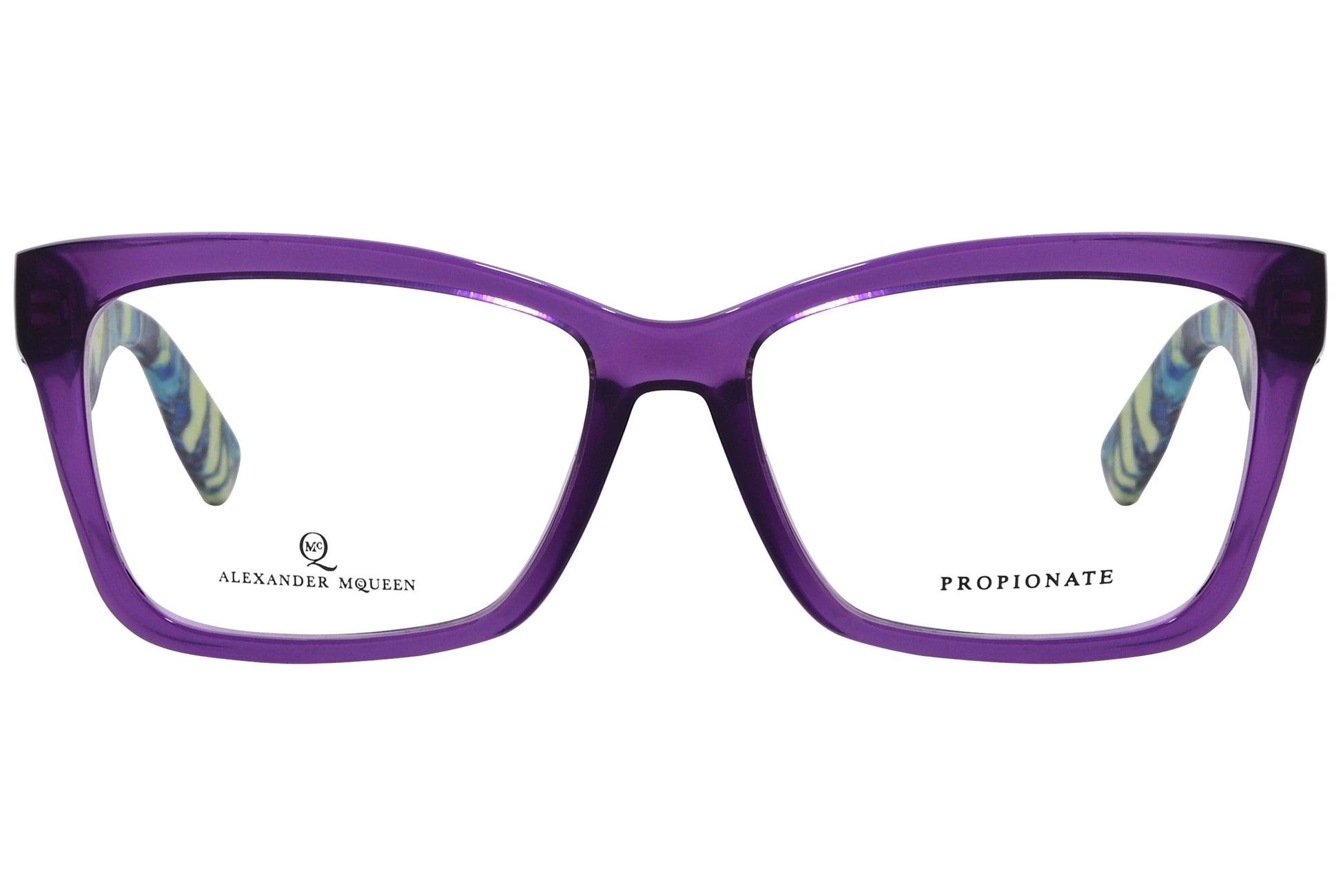 alexander-mcqueen rectangle purple eyeglasses frame viewed from front angle.