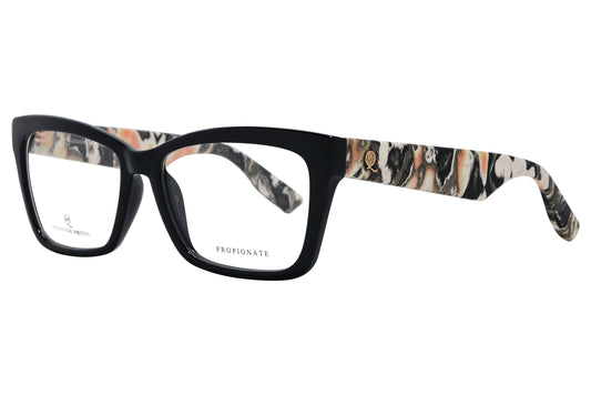 alexander-mcqueen rectangle black eyeglasses frame viewed from a 45-degree angle.