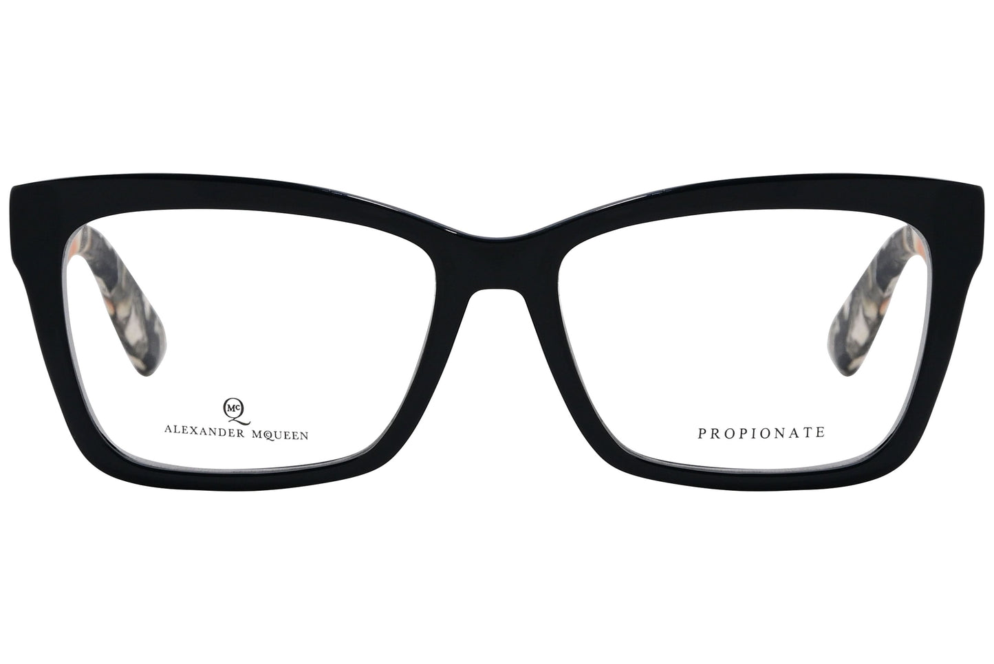 alexander-mcqueen rectangle black eyeglasses frame viewed from front angle.