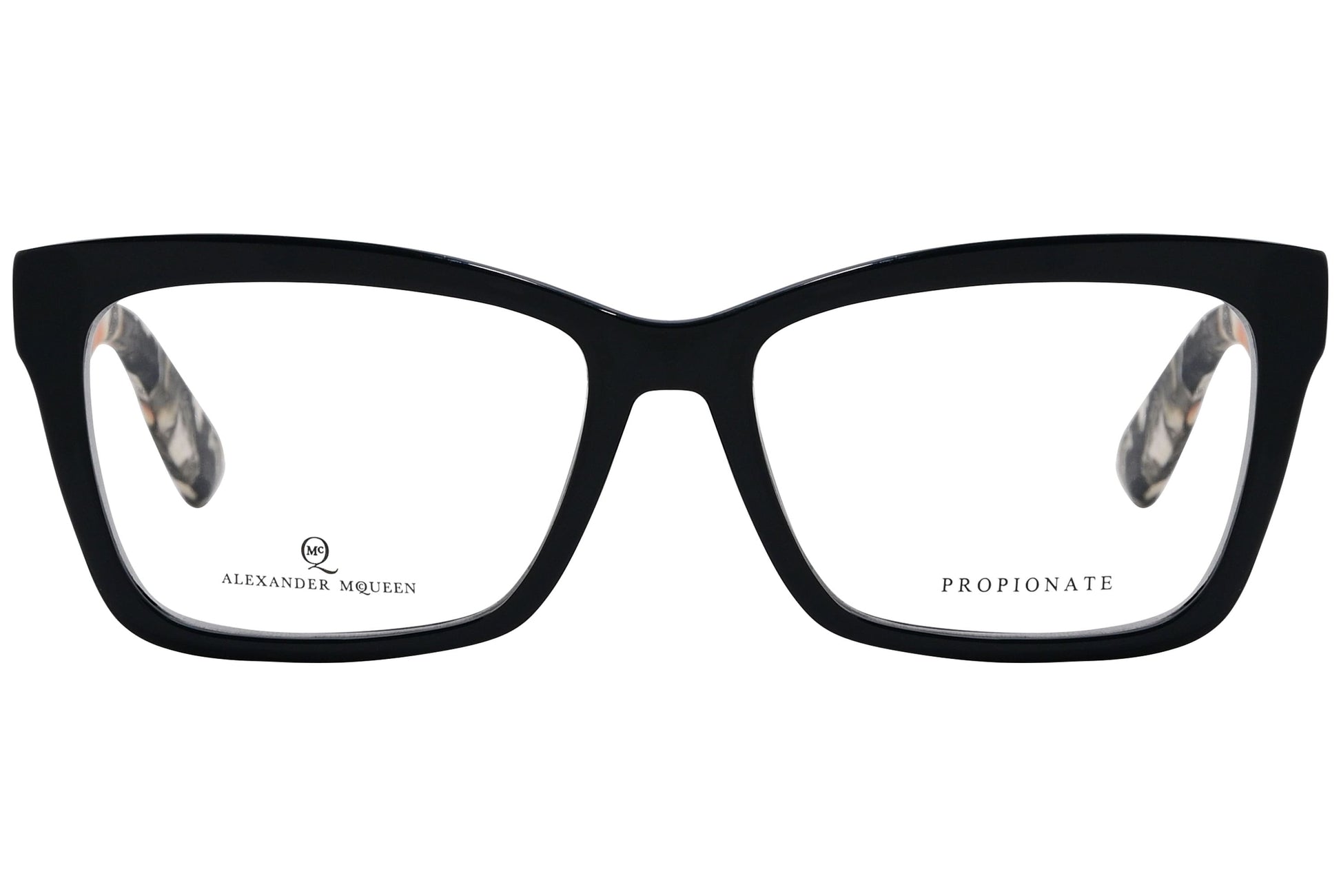 alexander-mcqueen rectangle black eyeglasses frame viewed from front angle.