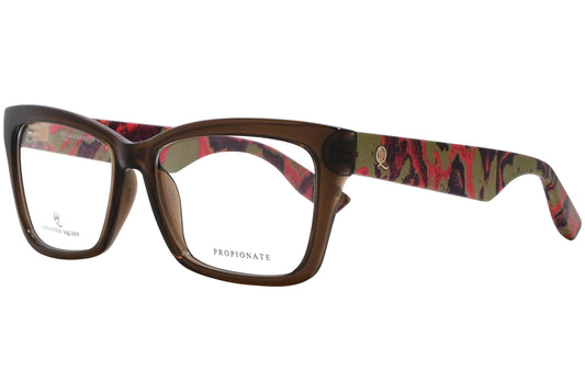 alexander-mcqueen rectangle brown eyeglasses frame viewed from a 45-degree angle.