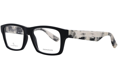 alexander-mcqueen rectangle black eyeglasses frame viewed from a 45-degree angle.