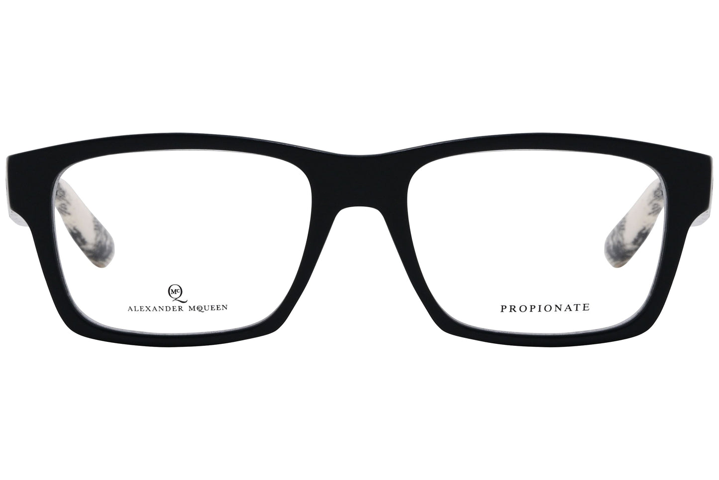 alexander-mcqueen rectangle black eyeglasses frame viewed from front angle.