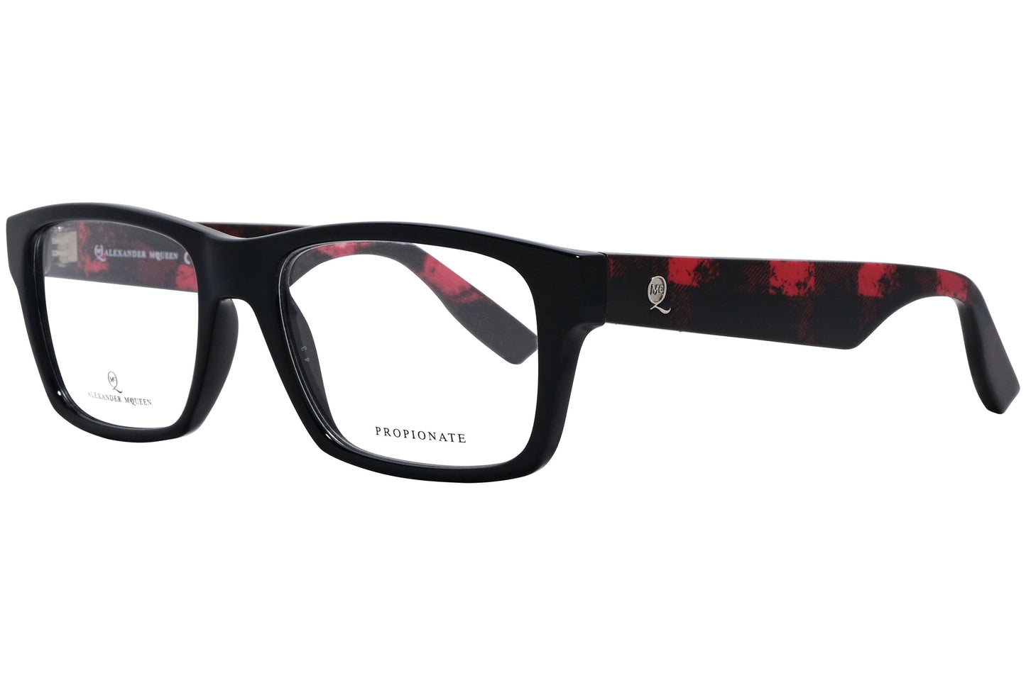 alexander-mcqueen rectangle black eyeglasses frame viewed from a 45-degree angle.