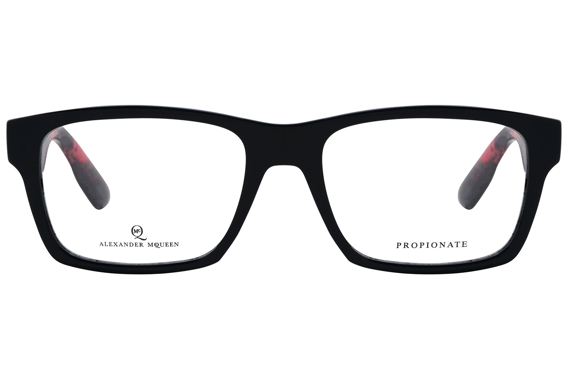 alexander-mcqueen rectangle black eyeglasses frame viewed from front angle.