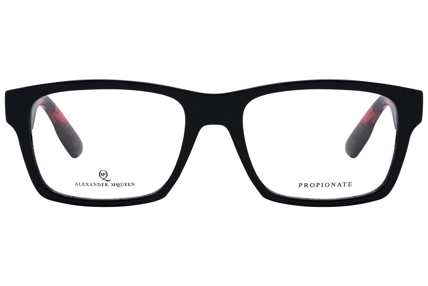 alexander-mcqueen rectangle black eyeglasses frame viewed from front angle.