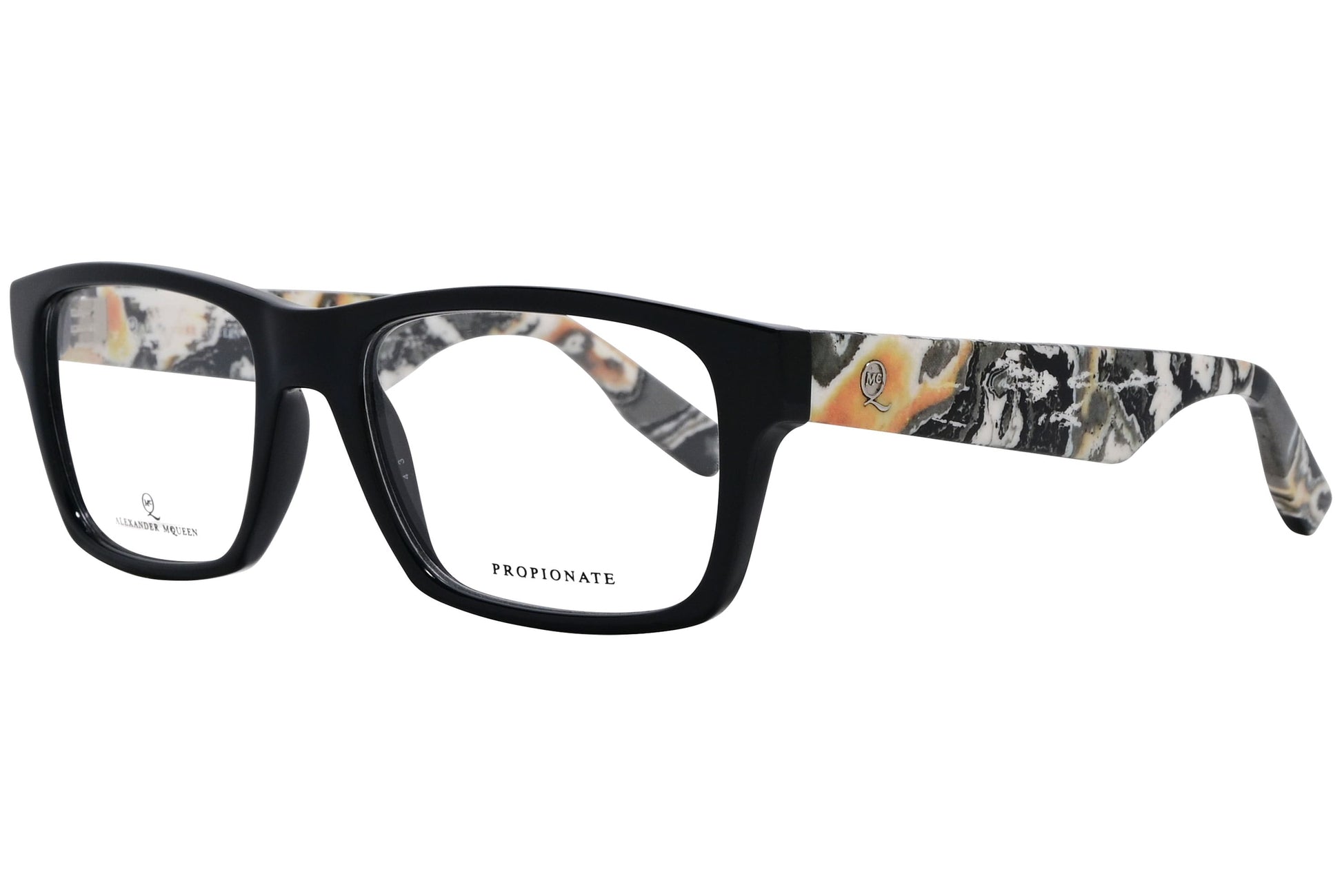 alexander-mcqueen rectangle black eyeglasses frame viewed from a 45-degree angle.