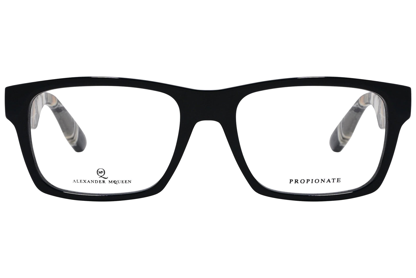 alexander-mcqueen rectangle black eyeglasses frame viewed from front angle.