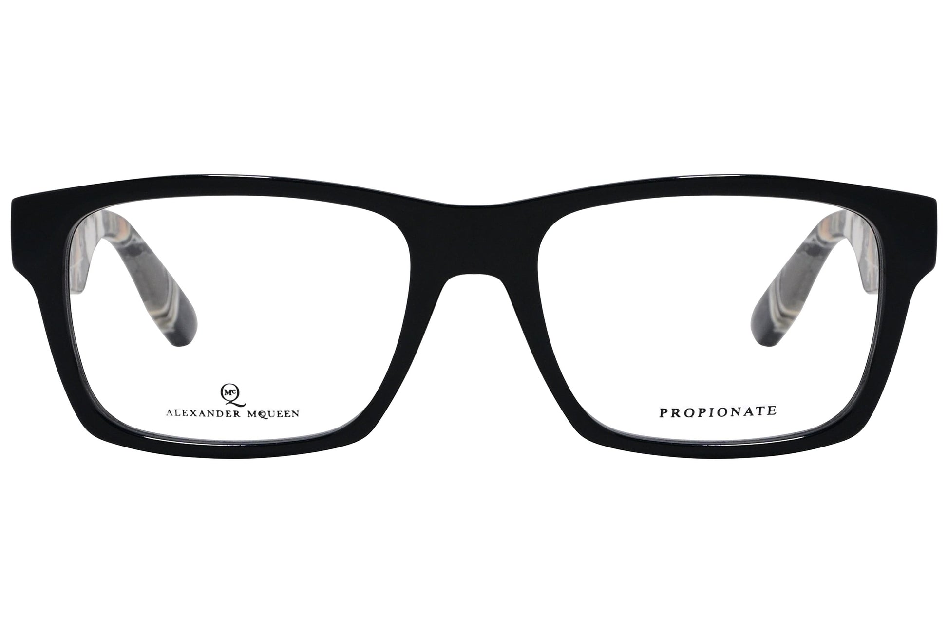 alexander-mcqueen rectangle black eyeglasses frame viewed from front angle.