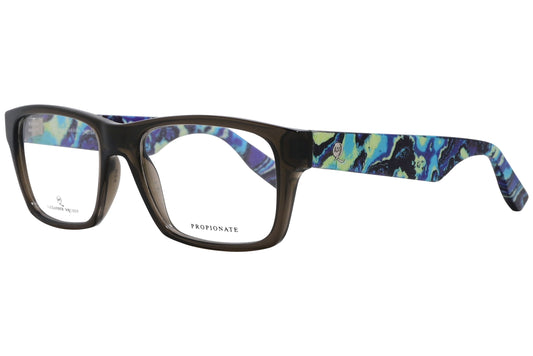 alexander-mcqueen rectangle gray eyeglasses frame viewed from a 45-degree angle.