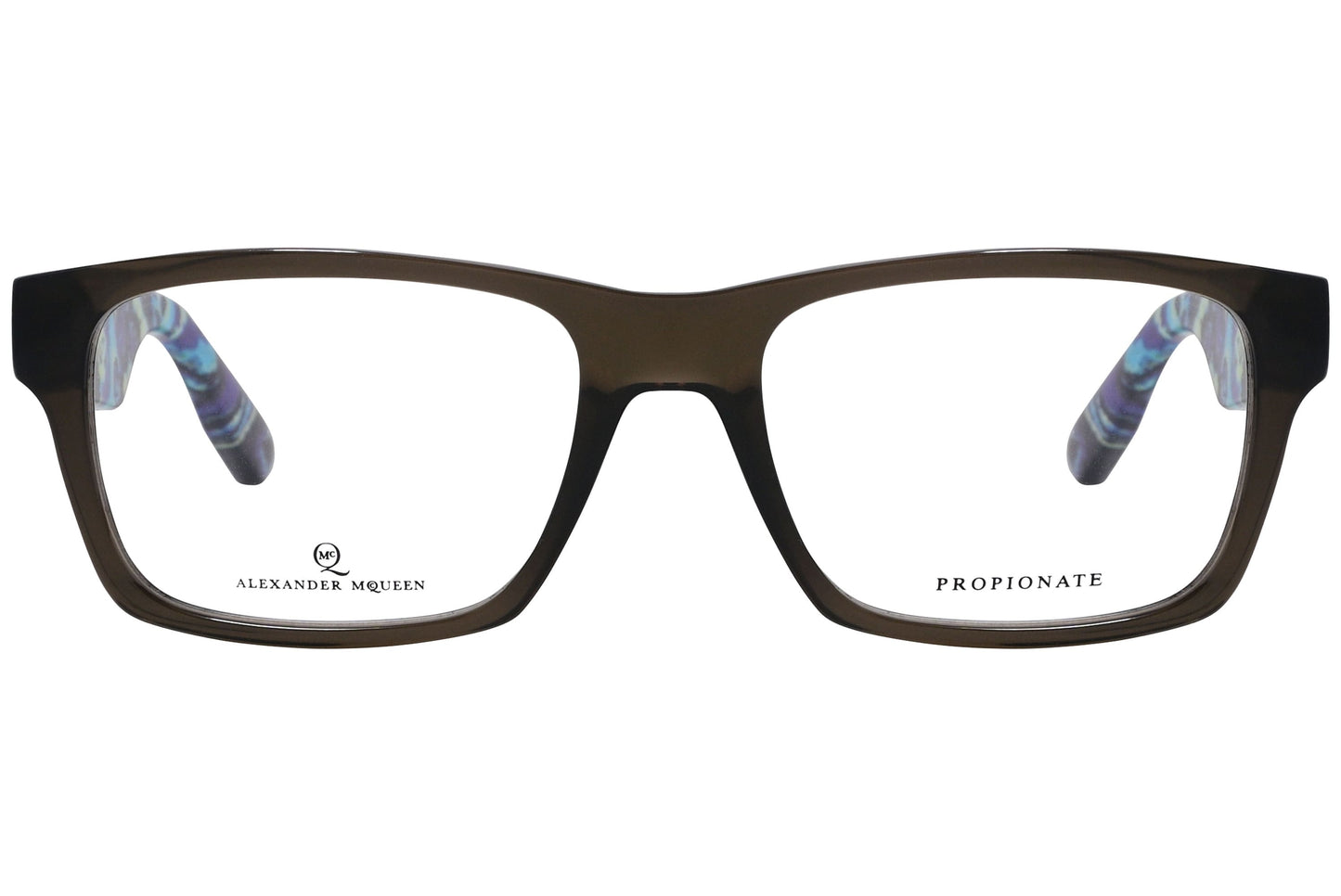 alexander-mcqueen rectangle gray eyeglasses frame viewed from front angle.