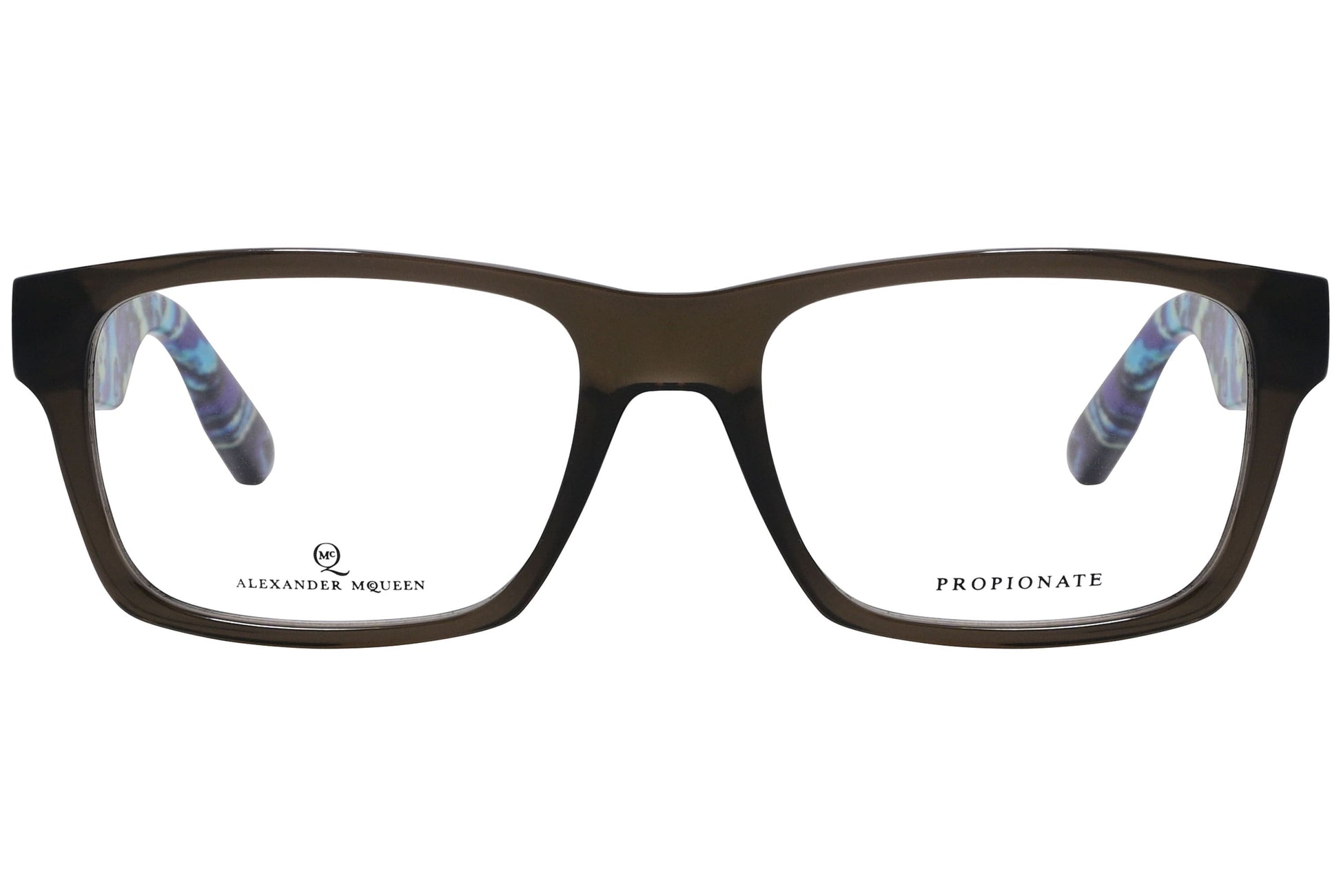 alexander-mcqueen rectangle gray eyeglasses frame viewed from front angle.