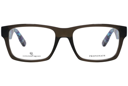 alexander-mcqueen rectangle gray eyeglasses frame viewed from front angle.