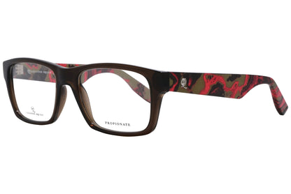 alexander-mcqueen rectangle brown eyeglasses frame viewed from a 45-degree angle.