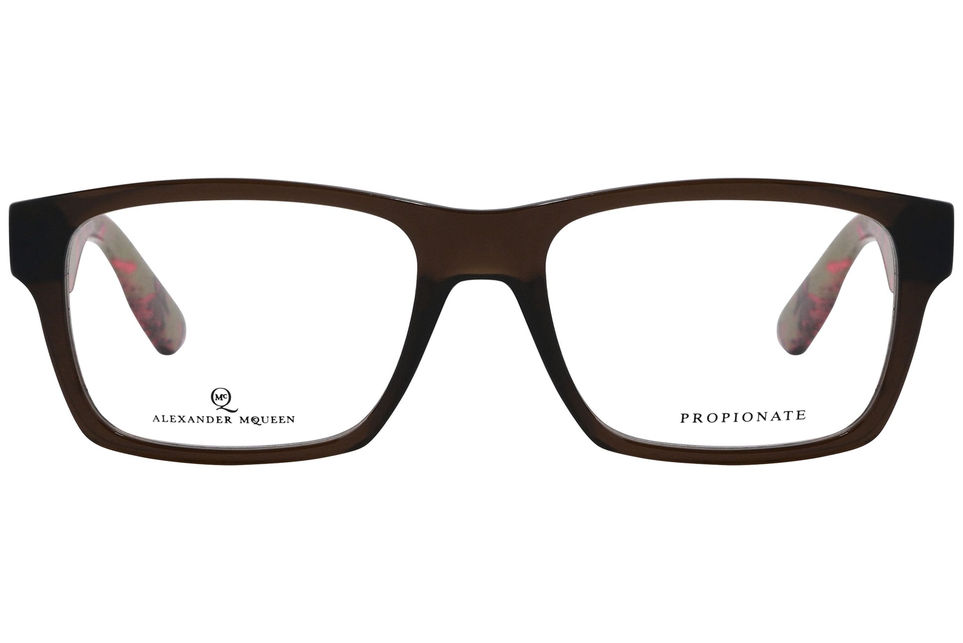 alexander-mcqueen rectangle brown eyeglasses frame viewed from front angle.