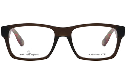 alexander-mcqueen rectangle brown eyeglasses frame viewed from front angle.