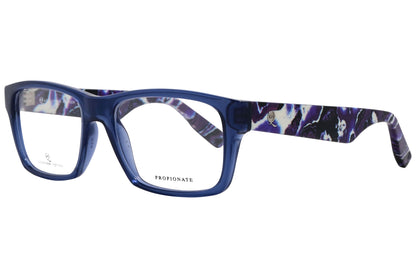 alexander-mcqueen rectangle blue eyeglasses frame viewed from a 45-degree angle.