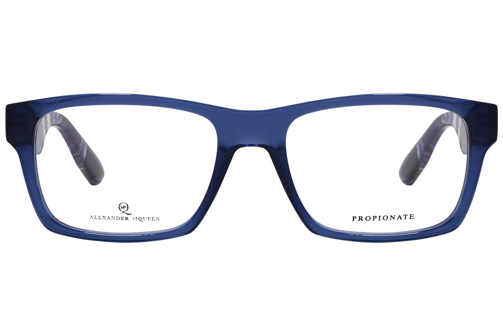 alexander-mcqueen rectangle blue eyeglasses frame viewed from front angle.