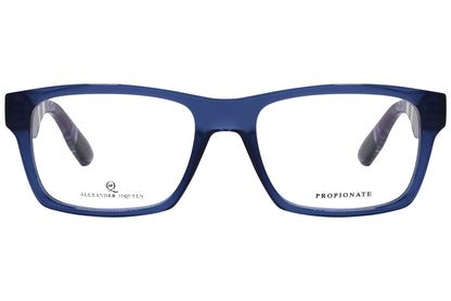 alexander-mcqueen rectangle blue eyeglasses frame viewed from front angle.