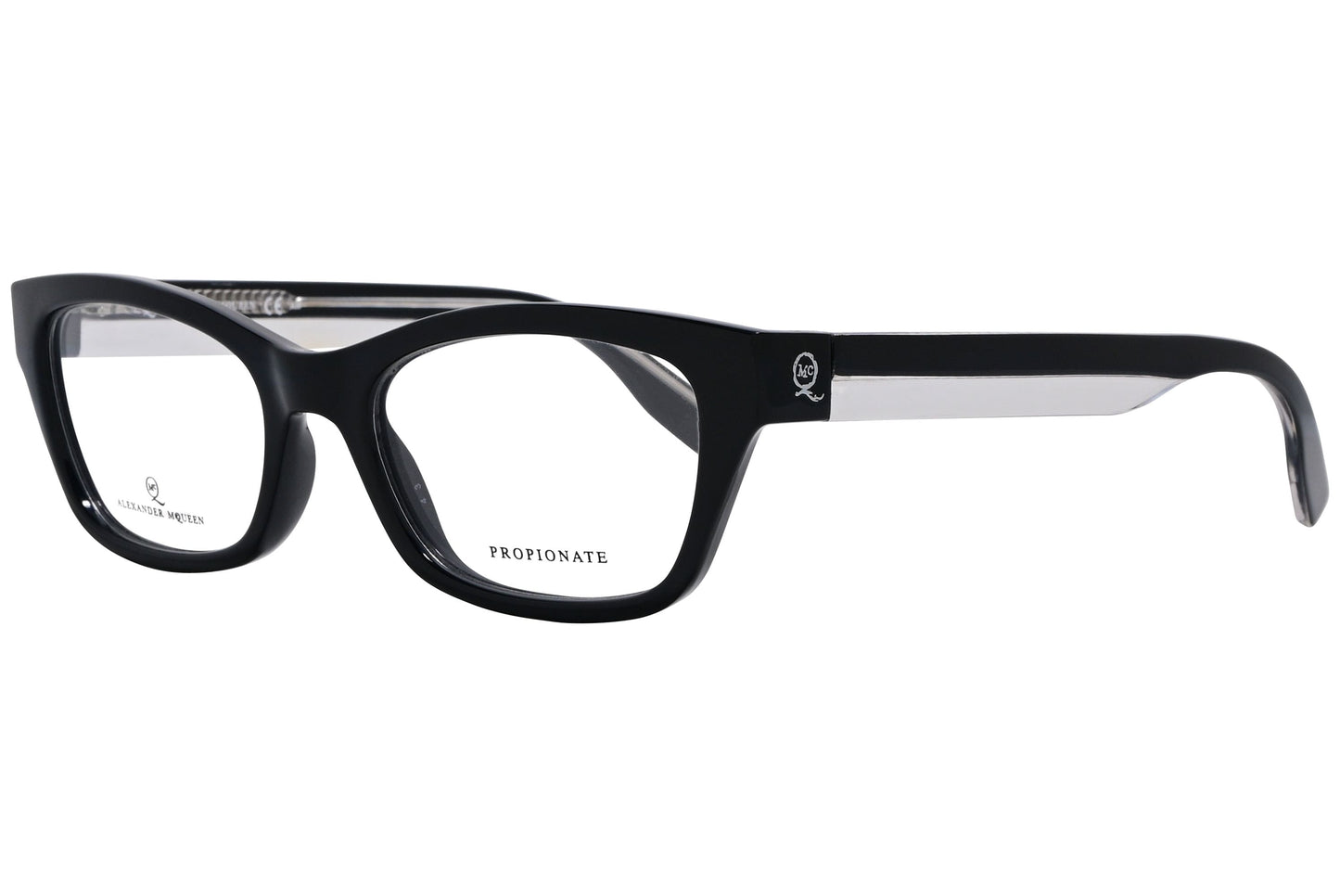 alexander-mcqueen rectangle black eyeglasses frame viewed from a 45-degree angle.