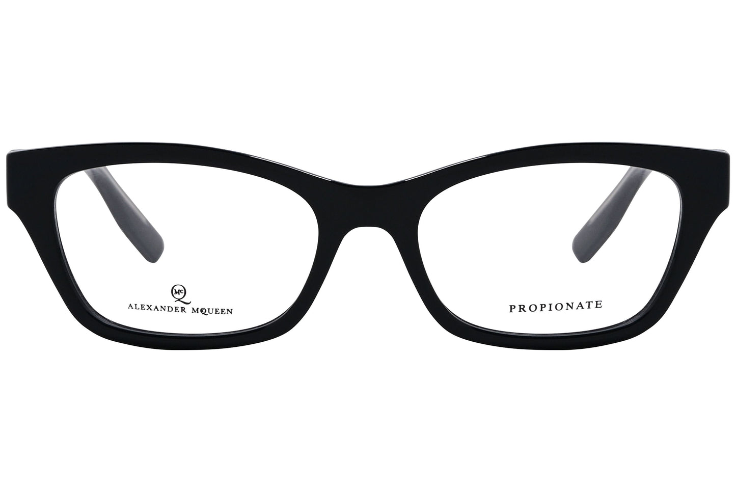 alexander-mcqueen rectangle black eyeglasses frame viewed from front angle.