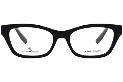 alexander-mcqueen rectangle black eyeglasses frame viewed from front angle.