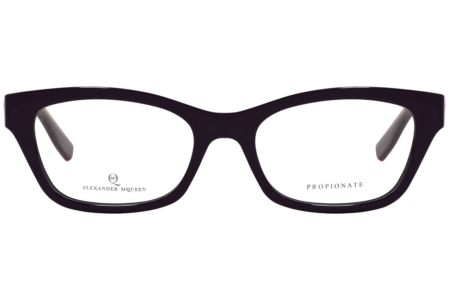 alexander-mcqueen rectangle black eyeglasses frame viewed from front angle.