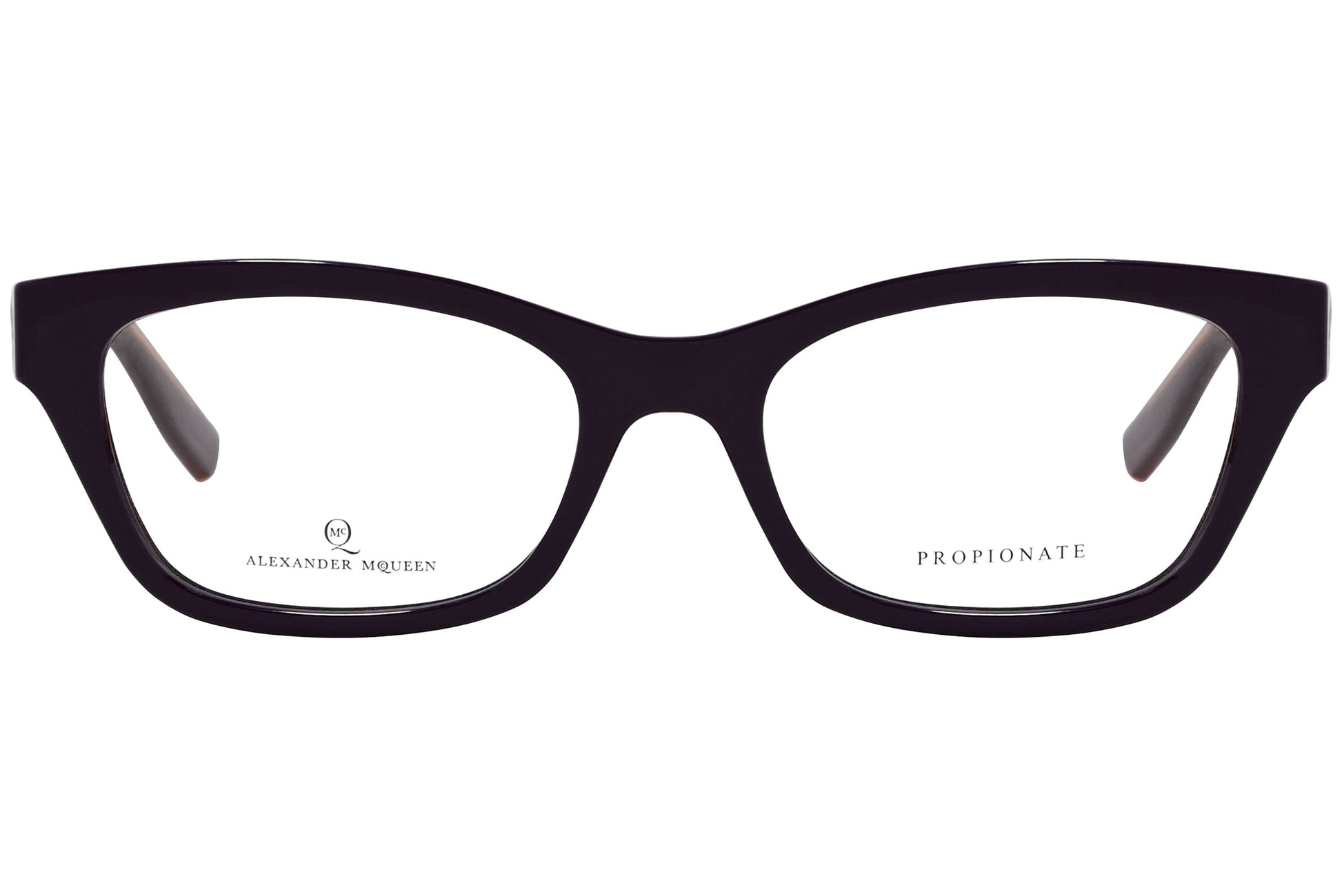 alexander-mcqueen rectangle black eyeglasses frame viewed from front angle.