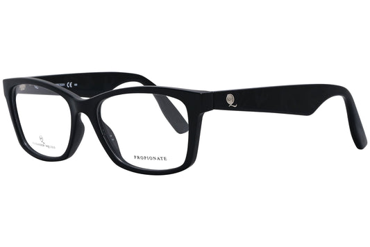 alexander-mcqueen rectangle black eyeglasses frame viewed from a 45-degree angle.