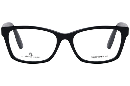 alexander-mcqueen rectangle black eyeglasses frame viewed from front angle.