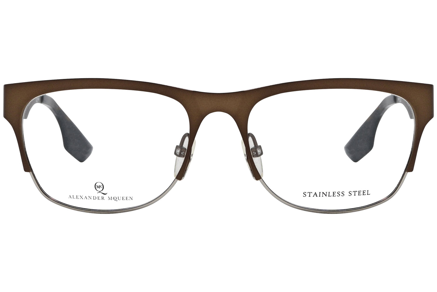 alexander-mcqueen browline bronze eyeglasses frame viewed from front angle.