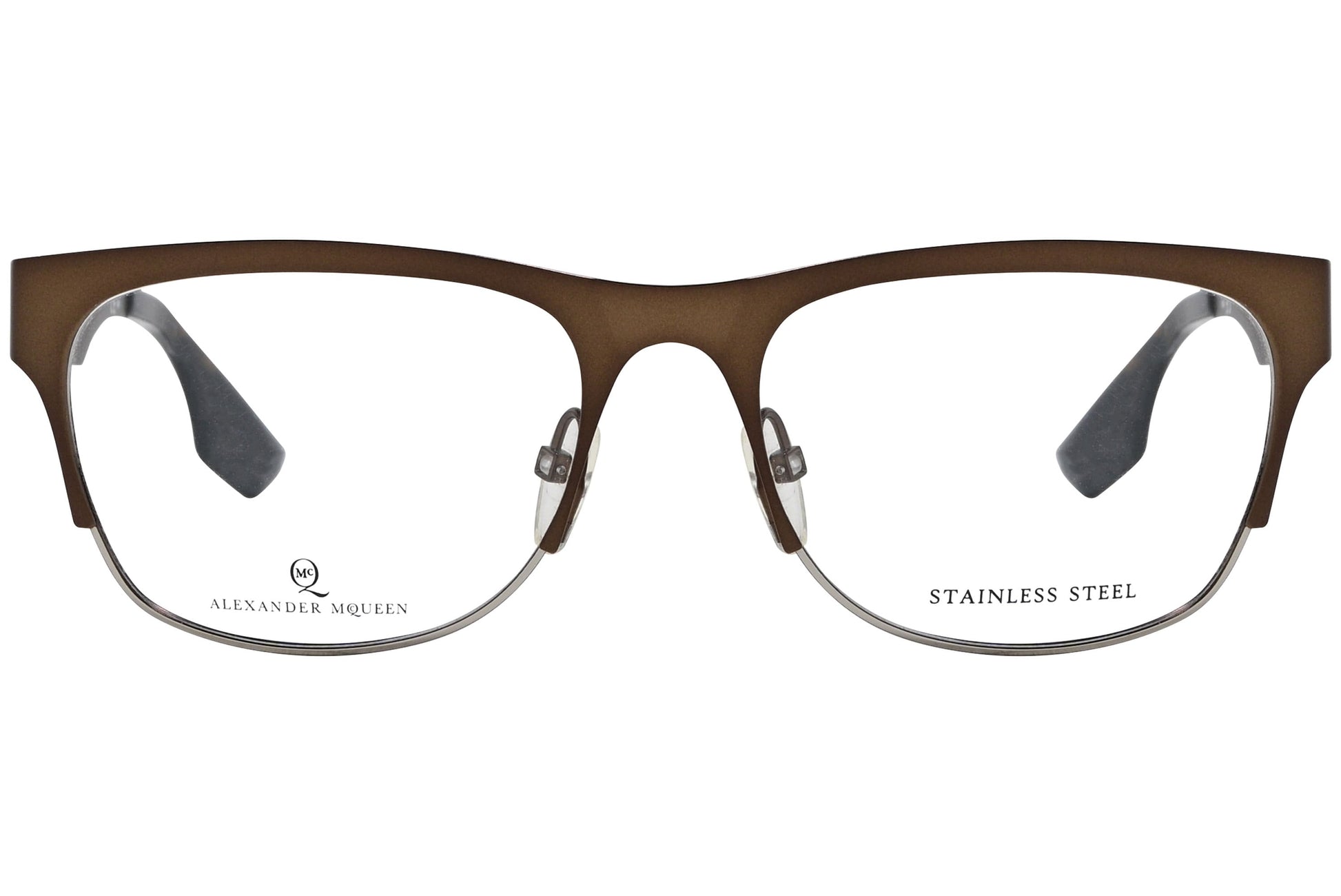 alexander-mcqueen browline bronze eyeglasses frame viewed from front angle.