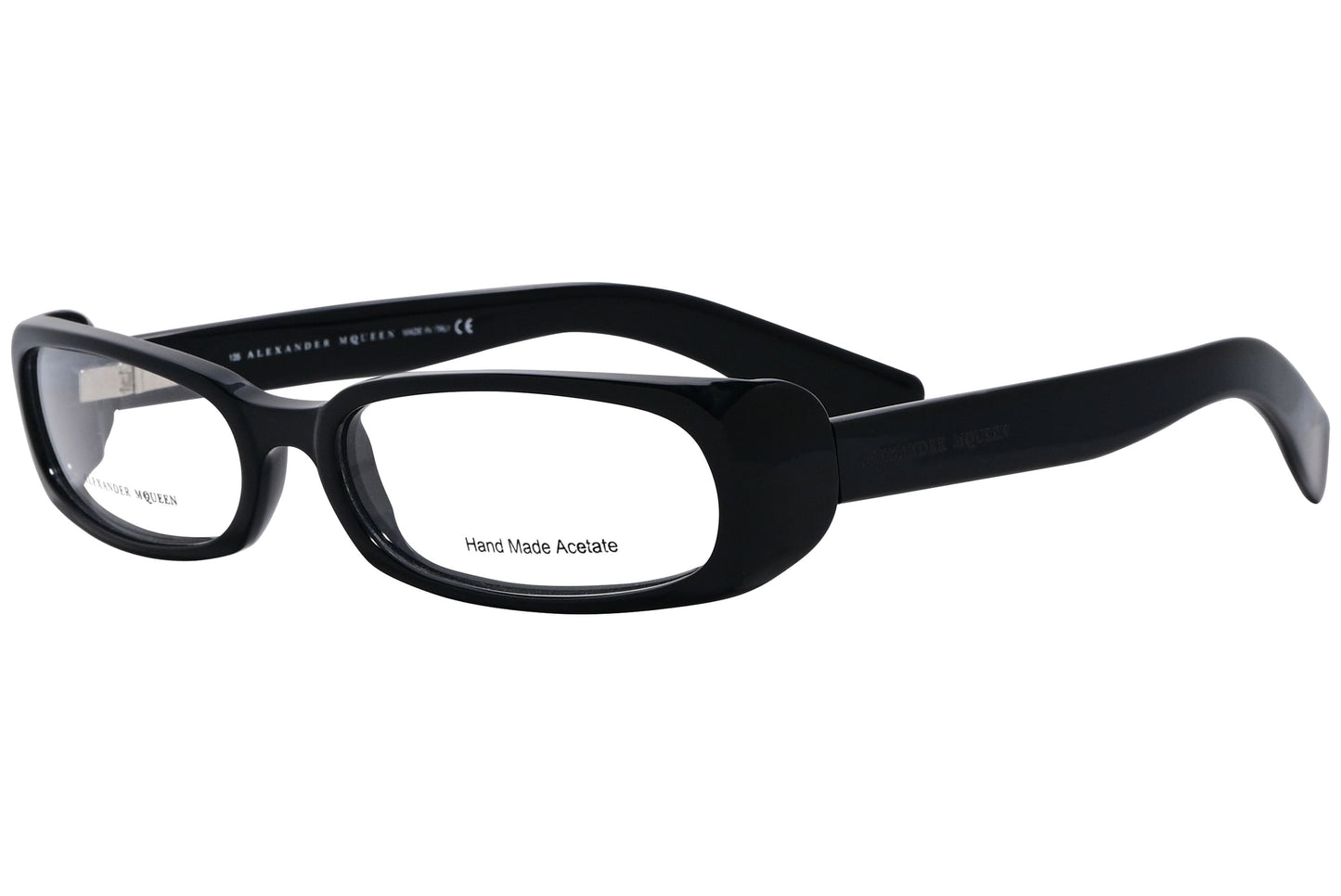 alexander-mcqueen rectangle black eyeglasses frame viewed from a 45-degree angle.