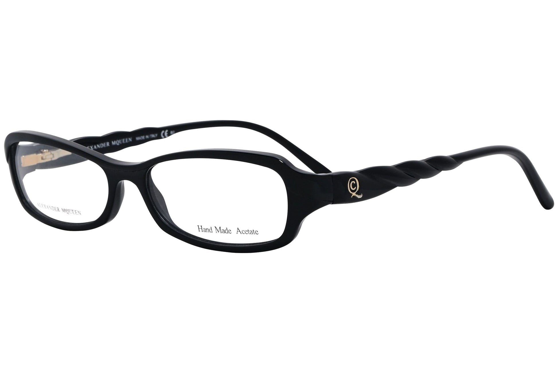 alexander-mcqueen rectangle black eyeglasses frame viewed from a 45-degree angle.