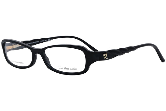 alexander-mcqueen rectangle black eyeglasses frame viewed from a 45-degree angle.