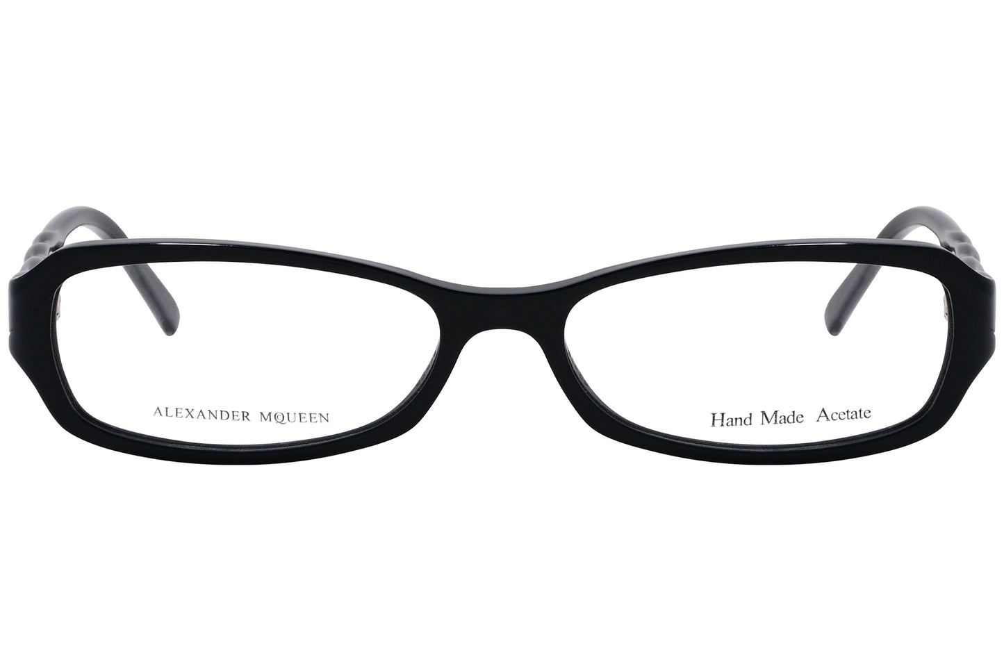 alexander-mcqueen rectangle black eyeglasses frame viewed from front angle.