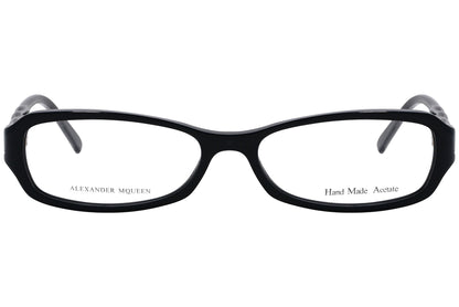 alexander-mcqueen rectangle black eyeglasses frame viewed from front angle.