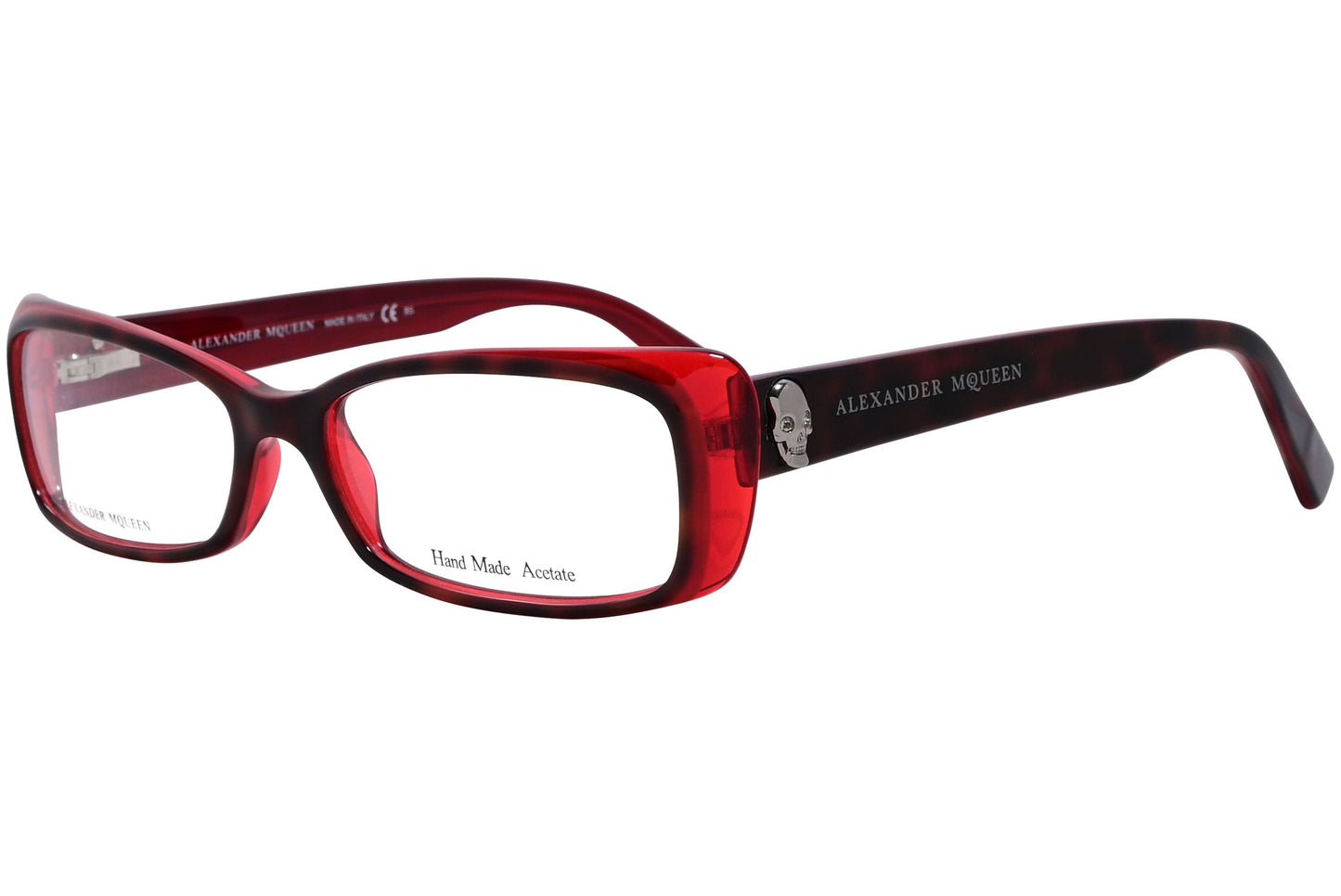 alexander-mcqueen rectangle red eyeglasses frame viewed from a 45-degree angle.