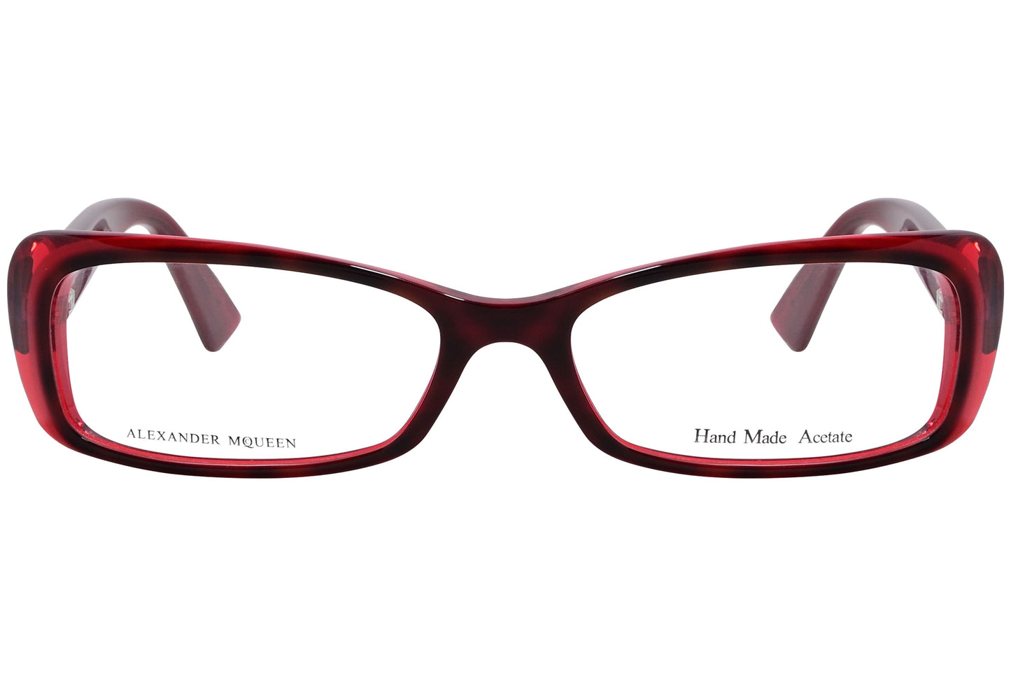 alexander-mcqueen rectangle red eyeglasses frame viewed from front angle.