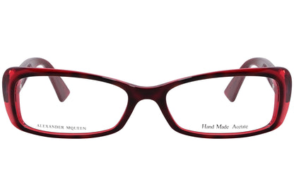 alexander-mcqueen rectangle red eyeglasses frame viewed from front angle.