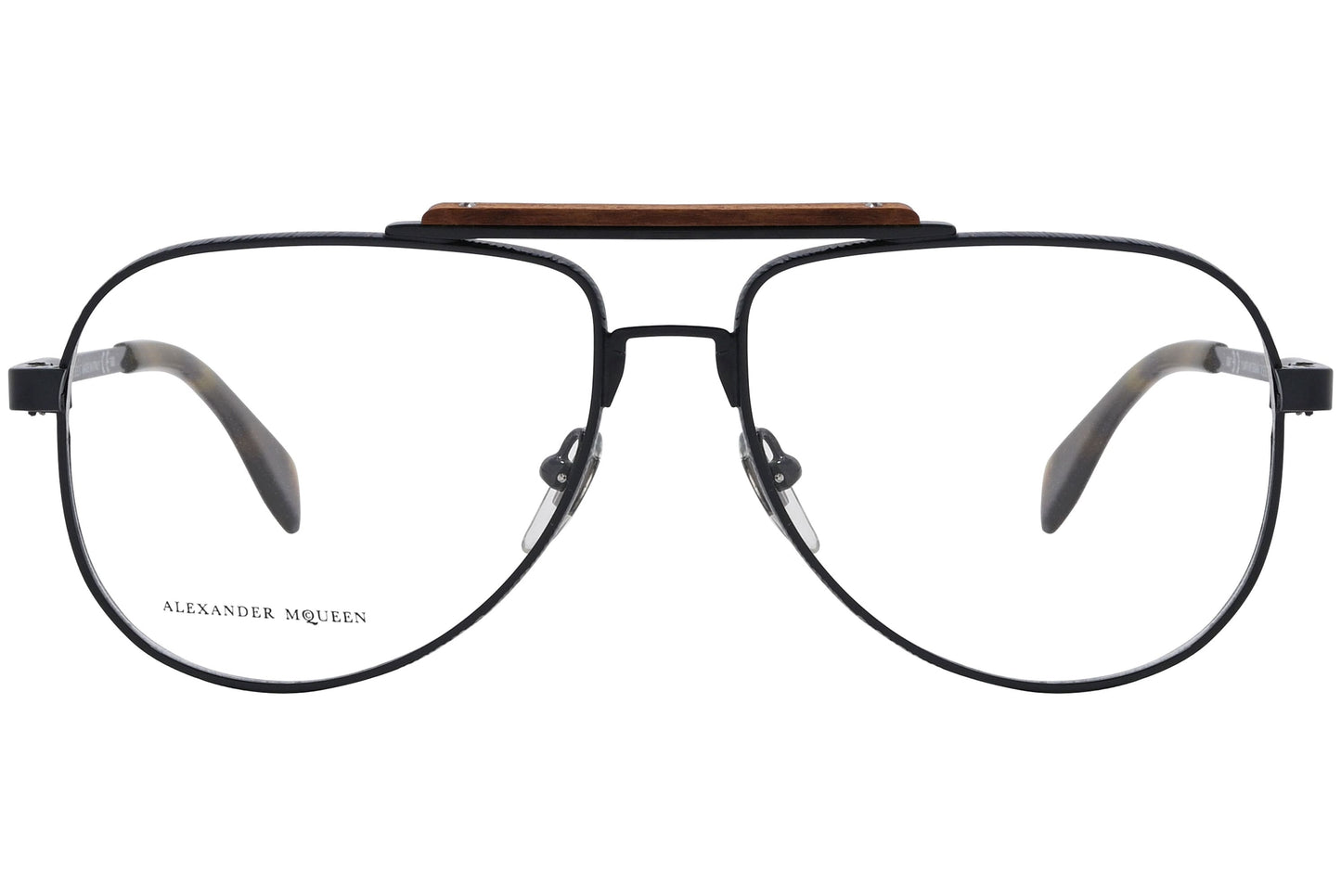 alexander-mcqueen aviator black eyeglasses frame viewed from front angle.