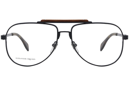 alexander-mcqueen aviator black eyeglasses frame viewed from front angle.